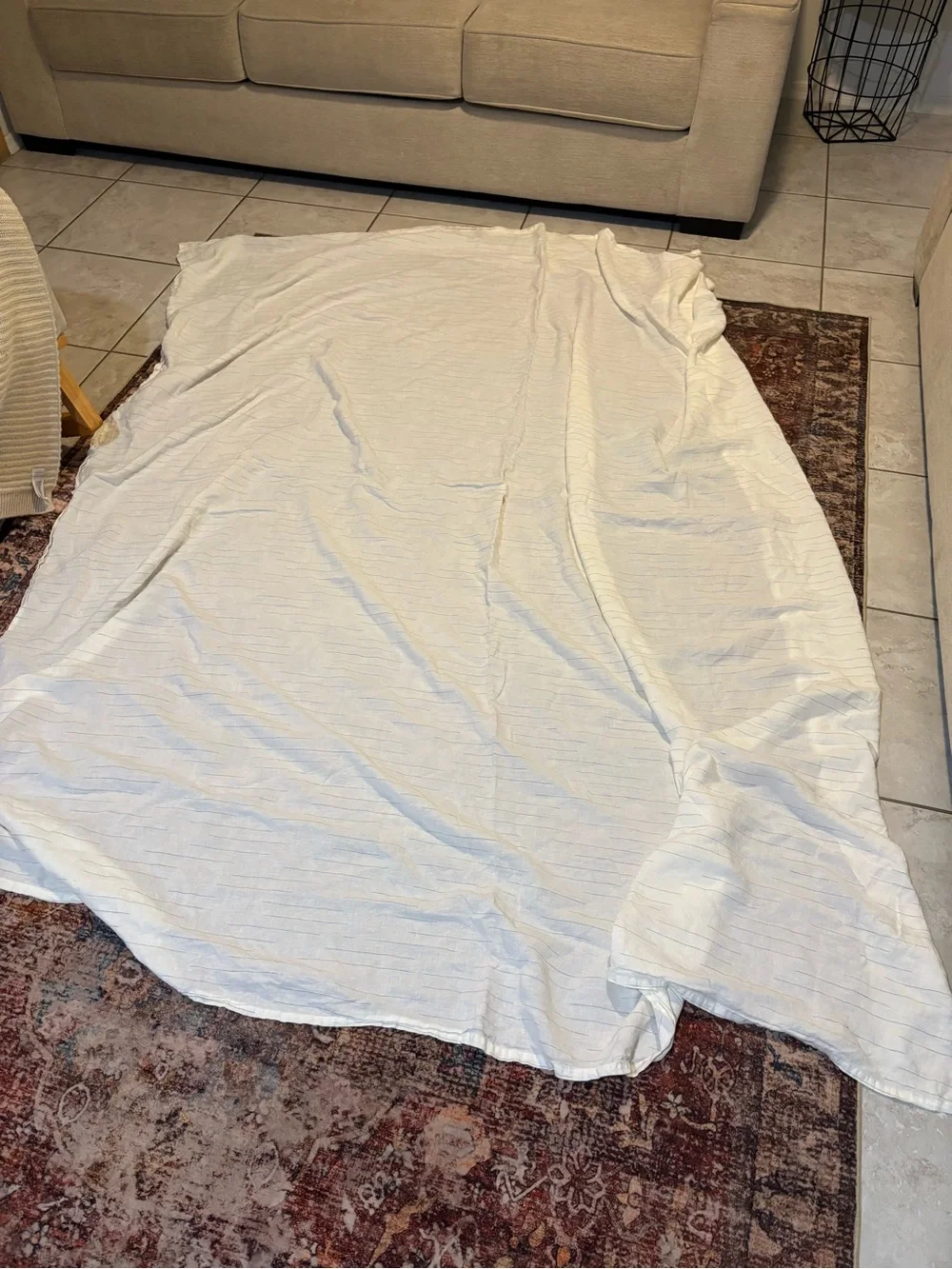West Elm 102x90 Queen 100 Linen Striped Flat Sheet